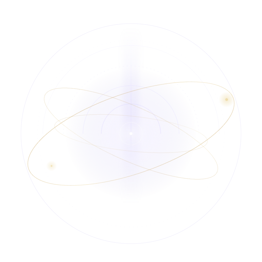 Illustrazione astratta: orbite dorate e onde concentriche attorno a un nucleo luminoso